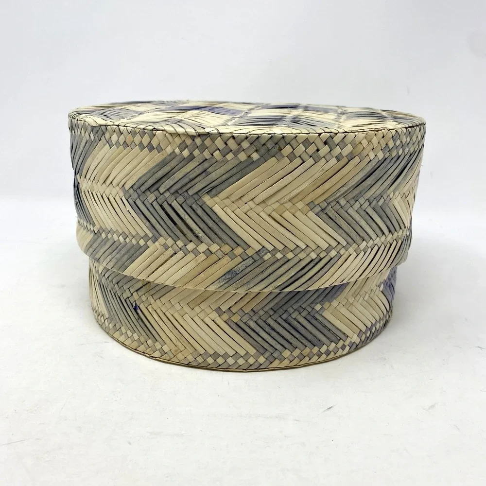Anthropologie Woven Container Round Bamboo Lid Blue Chevron Stripe Indonesia